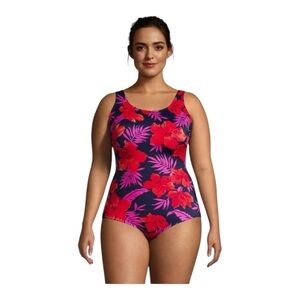 Lands’ End One piece tropical floral full bottom red-orange UV Swimsuit 8P